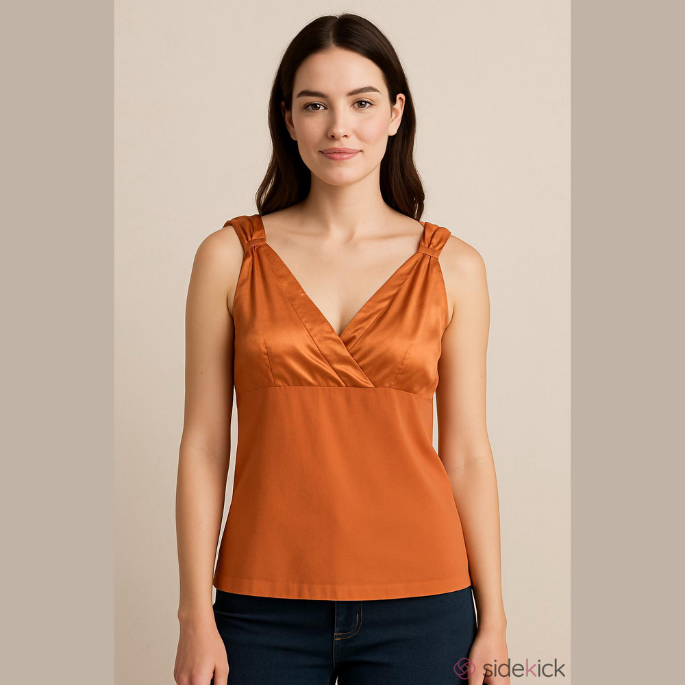 Kenneth Cole New York V Neck orange Silk Empire Waist Top Blouse Size 8